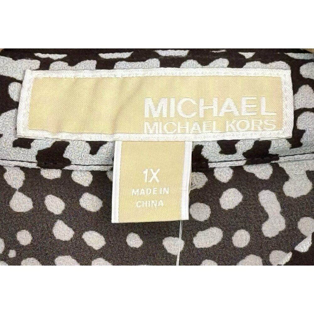 MICHAEL KORS Sheer Blouse Tunic Brown/White Roll-Tab Sleeve Button‎ Down NWT 1X - Picture 5 of 9